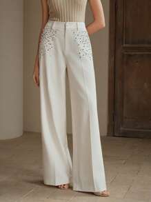 Anewsta Elegant Retro Crystal Decor Women's Wide Leg Suit Pants - Apricot - View 3