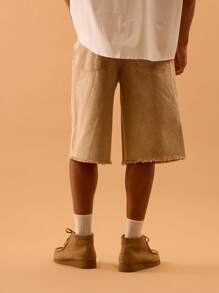 Musero Washed Denim Longline Shorts Distressed Style Button Fastening Belt Loophole Detailing Summer Spring Holiday Vacation - Beige - View 4