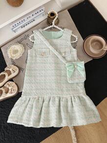 年轻女孩简约格子荷叶边下摆休闲日常连衣裙，春夏 - 薄荷綠 - 查看 2