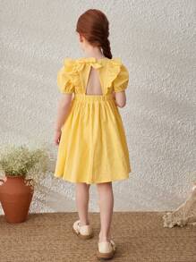 Blossori Young Girls' Rustic Vacation Ruffle Trim Puff Sleeve Dress - Yellow - View 3
