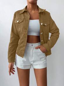 EURMUSE Flap Pocket Denim Jacket - Coffee Brown - View 4