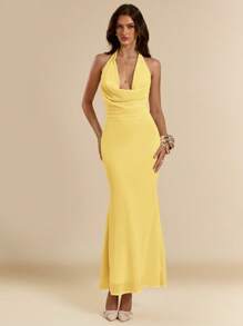 SHEIN BAE Women's Deep Draped Neck Backless Mermaid Maxi Chiffon Dress, Form-Fitting, Summer,Bodycon Dress - Yellow - View 3