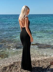 SHEIN ICON 性感紧身深 V 领连衣裙，鱼尾廓形，适合日常休闲穿着 - 黑色 - 查看 2