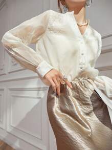 DAZY Elegant Lace V-Neck Women's Blouse, Spring/Summer,Fall Women Clothes Long Sleeve Top - Apricot - View 9