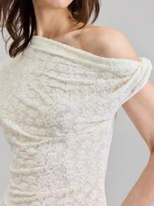 Ontre 女士杏色提花不对称领优雅修身上衣，可爱夏季衬衫 - 白色 - 查看 6