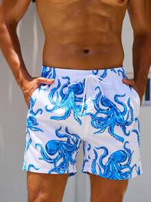 Manfinity VDAYZ Men's Elastic Waist Drawstring Casual Fully Allover Print Octopus Pattern Beach Shorts, Summer - White - View 4