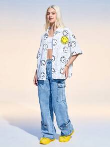 SmileyWorld® | SHEIN Women's Summer Y2K Cute Street White Smiling Face Pattern Front Button Short Sleeve Shirt, Summer