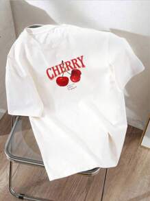 Manfinity ZONE917 Men White Knitted Round Neck Short Sleeve T-Shirt With Letter And Cute Cherry Graphic Print, Boyfriend Gift, For Going Out