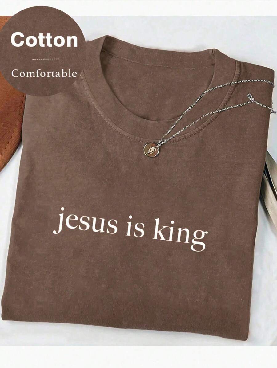 INAWLY Áo sơ mi Jesus Is King, Áo sơ mi Christian, Áo sơ mi mẹ tôn giáo, Áo sơ mi người yêu Jesus, Áo sơ mi mẹ Christian, Áo phông in hình Jesus cổ tròn cho nữ - Cà phê nâu - Xem 1