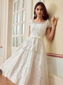 ZEYLAH Floral Lace Patchwork Ruffle Waist Dress - White - View 6