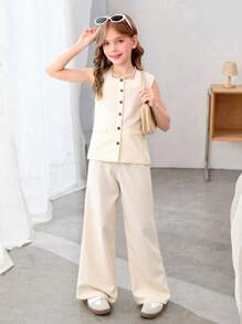 Set de 2 piezas de top holgado de lino y pantalones anchos y sueltos informales para niñas preadolescentes - Albaricoque - Ver 1