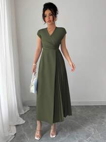 Elenzga 女士简约优雅法式时尚工作办公室商务休闲假日下午茶 V 领褶皱腰喇叭下摆长裙，落肩袖 - 軍綠色 - 查看 6