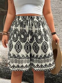 Breezaya 大码女式休闲印花宽松直筒百慕大短裤 女式下装 女装 女式夏季套装 - 黑與白 - 查看 8