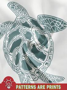 SHEIN EZwear 休闲简约海龟图案印花宽松圆领长袖轻便女式连帽衫，适合春夏季、夏季海滩 - 白色 - 查看 3