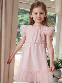 SHEIN Vestido elegante de malla color albaricoque con mangas con volantes para niñas jóvenes - Multicolor - Ver 3