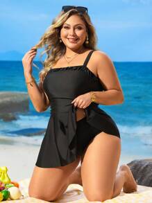 Swim Lushoire 加大码女式纯色分体裙式泳衣，带性感荷叶边，适合海滩和夏季度假 - 黑色 - 查看 5