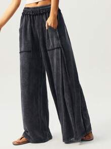 Bohemela Pantaloni ampi casual in stile boho, lavorati a maglia, con motivo a fiocco di neve e patch, colore unito, lavati, larghi e ampi per le donne