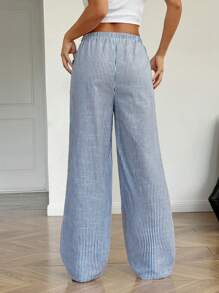 SHEIN 少女蓝白条纹宽松休闲抽绳阔腿裤 - 藏蓝色 - 查看 2