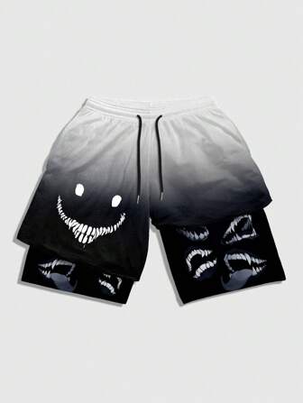 Goth Men's Drawstring Waist Ombre Color Double Layer Shorts, For Back To School