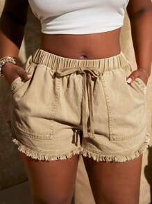 SHEIN SXY Plus Size Women New Spring/Summer Retro Washed Vintage Elastic Waist Fringe Hem Shorts, Suitable For Everyday Wear, Music Festival, Concert, Carnival Party, Beach Vacation, Date Night, Birthday, Bachelorette Party, Club, Cute, Casual, Shopping, Streetwear, Going Out, , Easy To Match & Look Slim, Accentuate Your Body, Flatter The Figure Fringe Shorts Women Summer Shorts Linen Shorts Drawstring Shorts
