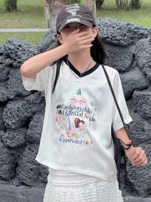 DAZY 青少年女孩夏季标语印花 V 领插肩袖休闲 T 恤，返校服装 - 白色 - 查看 3