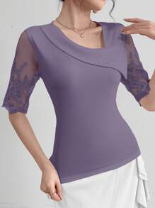 Modelyn Ladies' Asymmetric Neckline Contrast Mesh Summer T-Shirt Graphic Tees Women Tops - Purple - View 7