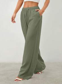 SHEIN PETITE Women's Solid Color Casual Drawstring Tie-Front Pants With Pockets,Cargo Pants - Army Green - View 5