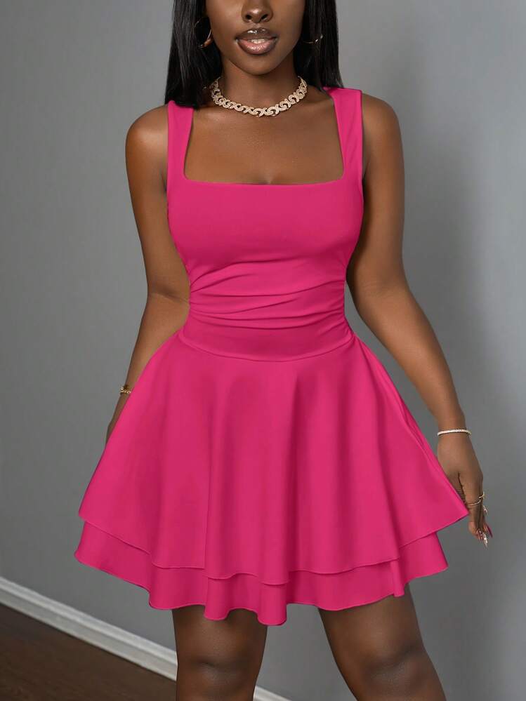 Slaydiva Women Summer Casual Basic Sports Sweet Square Neck Sleeveless Top With Ruched Double Layer A-Line Short Dress - Hot Pink - View 4