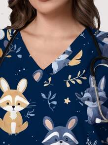 PopScrub Plus Size Women Summer Scrub Tops With Cute Cartoon Animal & Leaf Pattern, Casual Nursing Scrub Uniform Top