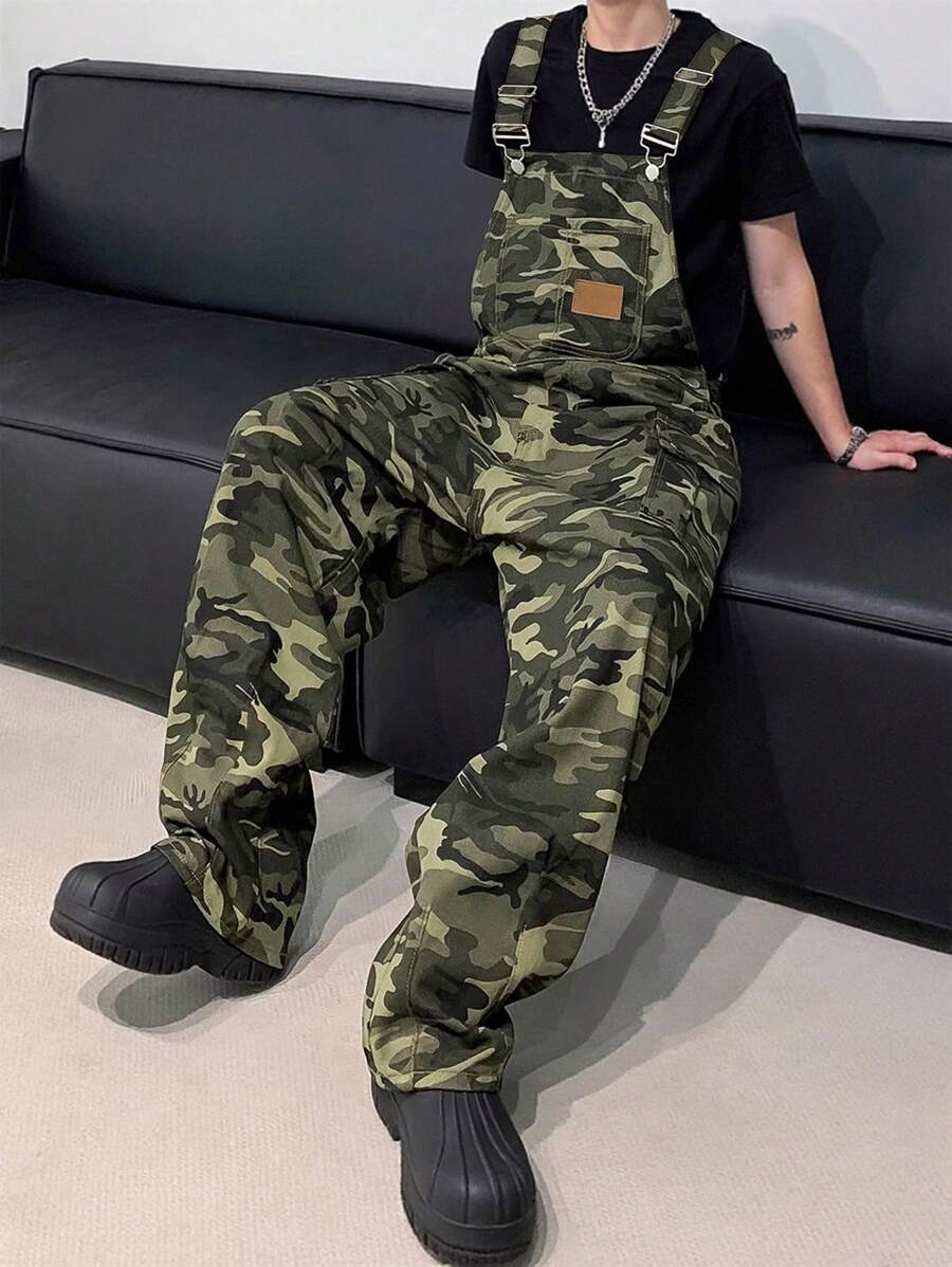 Claim Dot Men's Bib Pants, Camouflage Cargo Bib Overalls, Unisex Summer American Brand Outdoor Loose Large Pockets Overalls, Fall - Army Green - View 1