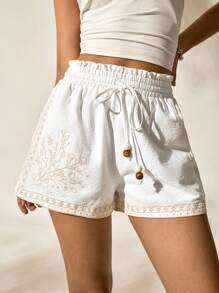 SHEIN X Scot Louie Easelle Quần short thêu họa tiết khối màu Boho thoải mái màu trắng dành cho nữ, dây đeo hạt, tốt nghiệp - trắng - Xem 9