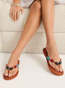 SHUZIA Women's Fashion Casual Comfy Thone Flat Sandals With Color Stone Decor -Punk Chic, Edgy & Fashionable - Brown - View 4