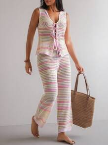 SHEIN Swim Women's Elegant Pink Striped Tie Front Knitted Cover Up, Beach Cover-Up For Summer Beach Vacation