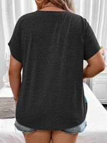 大码夏季休闲拼色蝙蝠袖T恤图案T恤女式上衣 - 彩色 - 查看 2