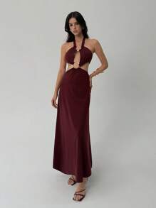 Aloruh Sexy Lace-Up Halter Hollow Metal Ring Backless Dress For Women, Going Out - Red Violet - View 3