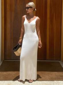 Dazy Tall 高个女式V领露背长款连衣裙，优雅度假风夏季吊带裙 - 白色 - 查看 3