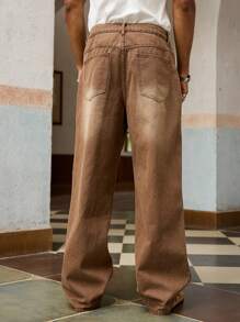 Manfinity Homme Jeans casuales y versátiles con bolsillos y pierna ancha y holgada para hombres - Caqui - Ver 2