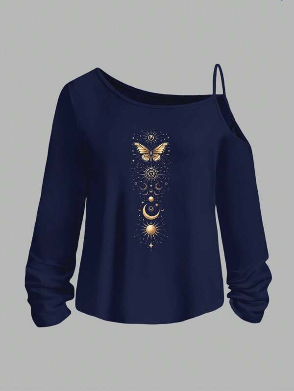 SHEIN Essnce Casual Butterfly & Moon Print Spaghetti Strap Long Sleeve T-Shirt For Women