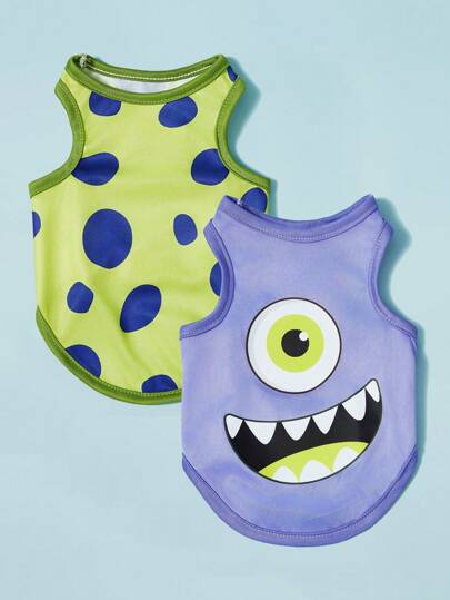 PETSIN Set de 2 chalecos para mascotas (perros/gatos) con estampado de lunares y monstruos en color verde y morado