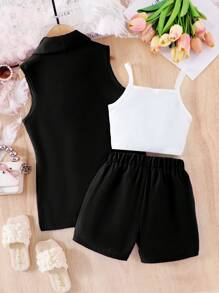 SHEIN Elladie kids Conjunto formal de 3 piezas para niña: Blazer rosa, top de punto tipo camiseta, shorts decorados con perlas, traje de verano elegante para ocasiones casuales y de vacaciones - Negro - Ver 2