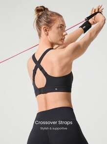 GLOWMODE Sujetador deportivo con cuello cuadrado, espalda cruzada, tirantes ajustables, cremallera delantera y soporte medio para correr, trotar, entrenar y hacer ejercicio en el gimnasio - Negro - Ver 2