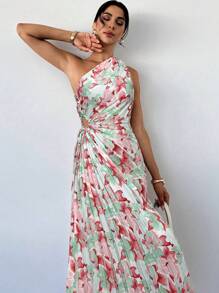 Firerie 女士优雅度假海滩渐变花卉印花褶皱单肩镂空抽绳中长连衣裙，夏季