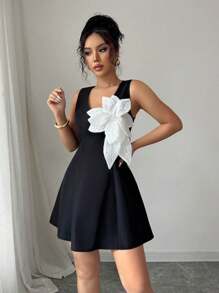 Elenzga V-Neck Floral Colorblock Mini Dress With Waist Cinch, Sleeveless Elegant French Summer Vacation Style - Black - View 5