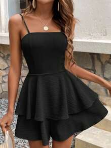 SHEIN Teen Girls' Textured Chiffon Layered Ruffled Waist Tie Cami Overall Jumpsuit Romper, Black, Casual, Holiday, Spring/Summer - Black - View 3