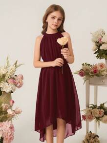 Girls' Round Neck Halter Ruffled Waist Chiffon Dress, & Elegant Gown For Wedding Bridesmaid Flower Girl Holiday Summer Holiday - Burgundy - View 8