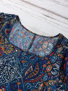 SHEIN LUNE Áo sơ mi tay ngắn cổ vuông in họa tiết toàn thân cỡ lớn mùa hè thường ngày - Màu xanh hải quân - Xem 3