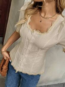 Pariaura Áo cánh cotton chắp vá ren Pháp thanh lịch cho nữ tay ngắn - Màu be - Xem 3