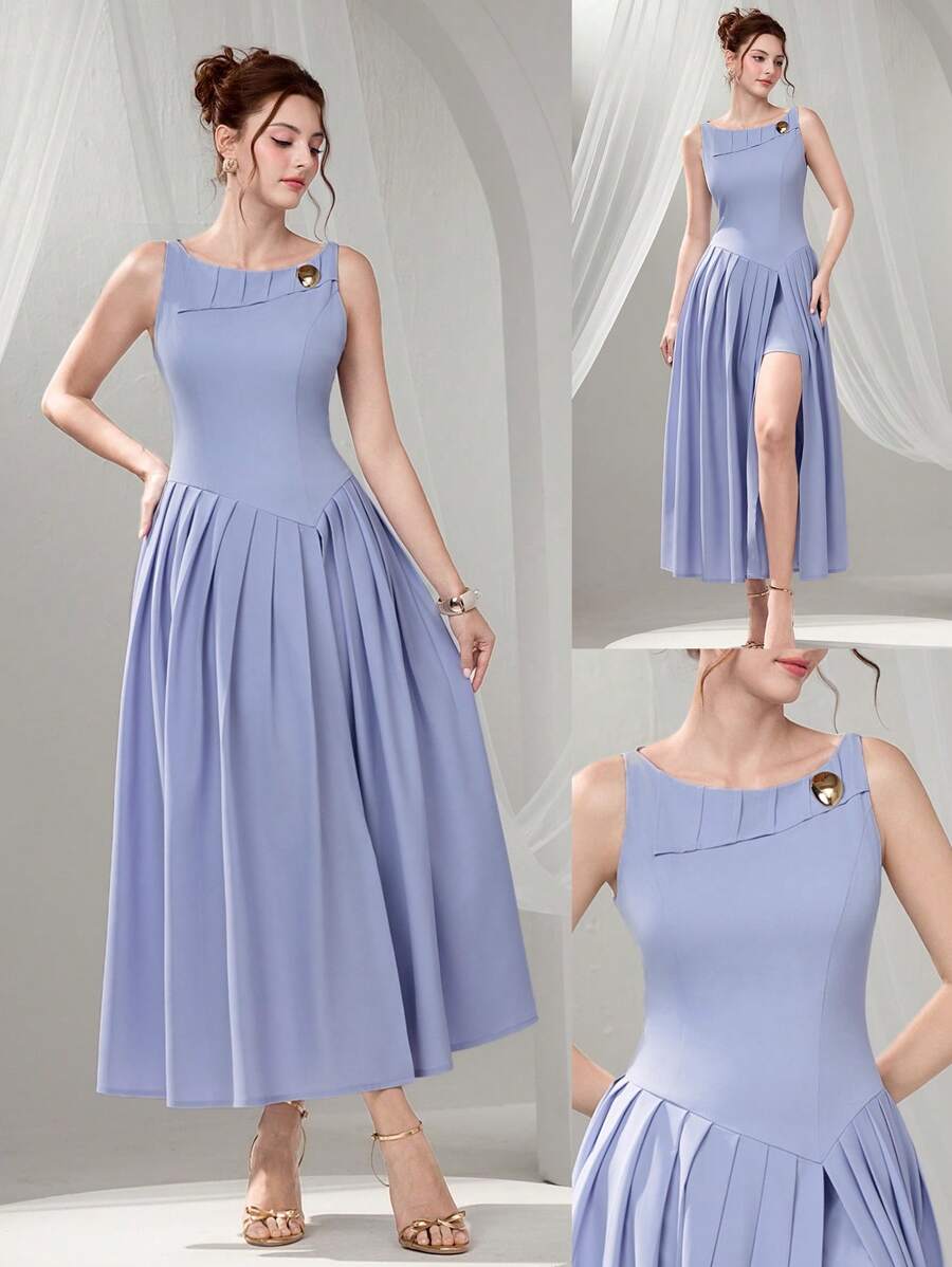 Poshira Vestido de fiesta de alta gama con diseño de patchwork plisado, elegante vestido de noche de lujo para dama, vestido de noche lujoso para mujer, vestido de fiesta, vestido de graduación - Púrpura malva - Ver 1