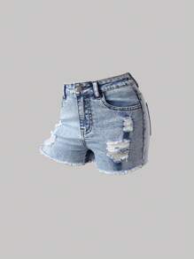 SHEIN Tween Girls Blue Denim Elastic Destroyed Skinny Shorts - Light Wash - View 2