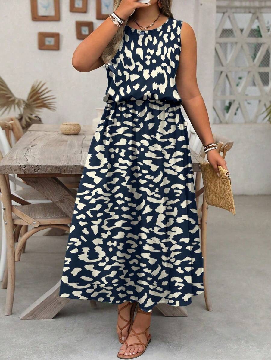 SHEIN Clasi 加大码 LUNE 无袖圆领碎花休闲/工作连衣裙，收腰，下摆开衩，适合女性